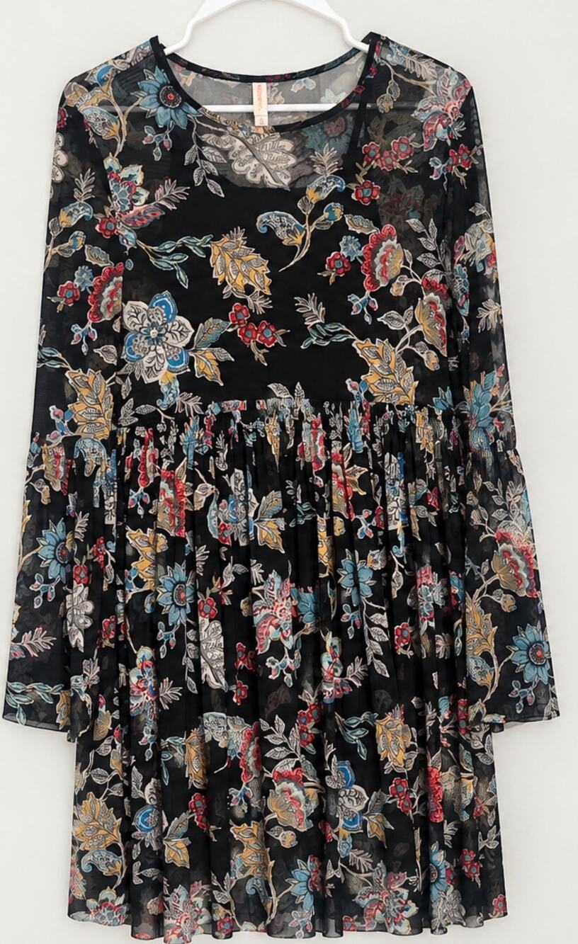 Floral Black Babydoll Dress Long Sleeve Boho Tiered Pleated Dress